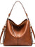 Brown leather handbag with gold accents on a white background