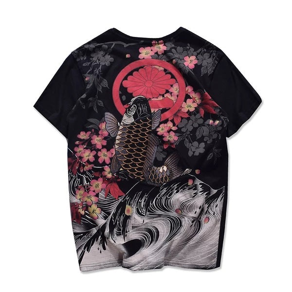 Black t-shirt with Koi fish and floral design on a white background
