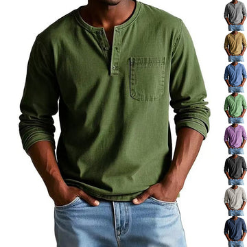 Green long-sleeve henley shirt worn by a person with multiple color options displayed below.