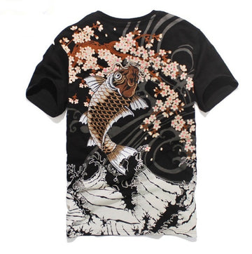 Black t-shirt with a Koi fish and cherry blossom design on a white background
