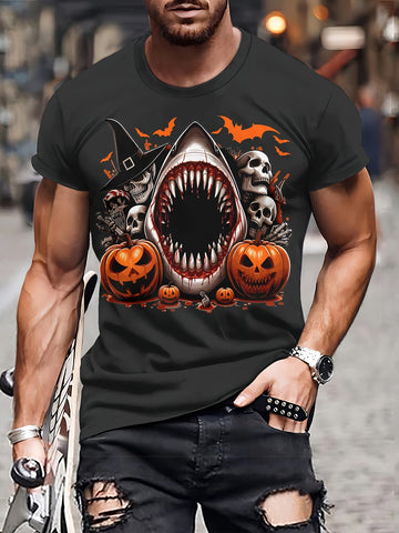 Person wearing a black t-shirt with a Halloween-themed design featuring a shark, pumpkins, and skulls.